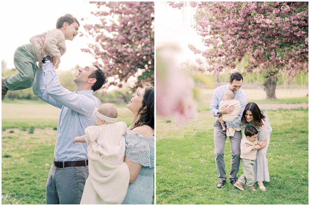 Two Images Of A Family Of Four Near Cherry Blossoms