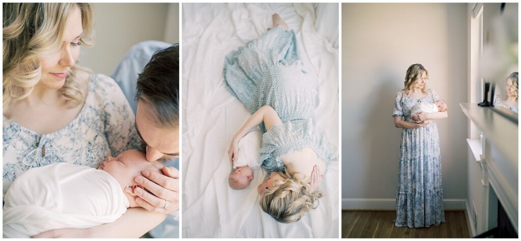 Collage Of Three Images Of Blonde Mother And Father With Their Newborn Baby.