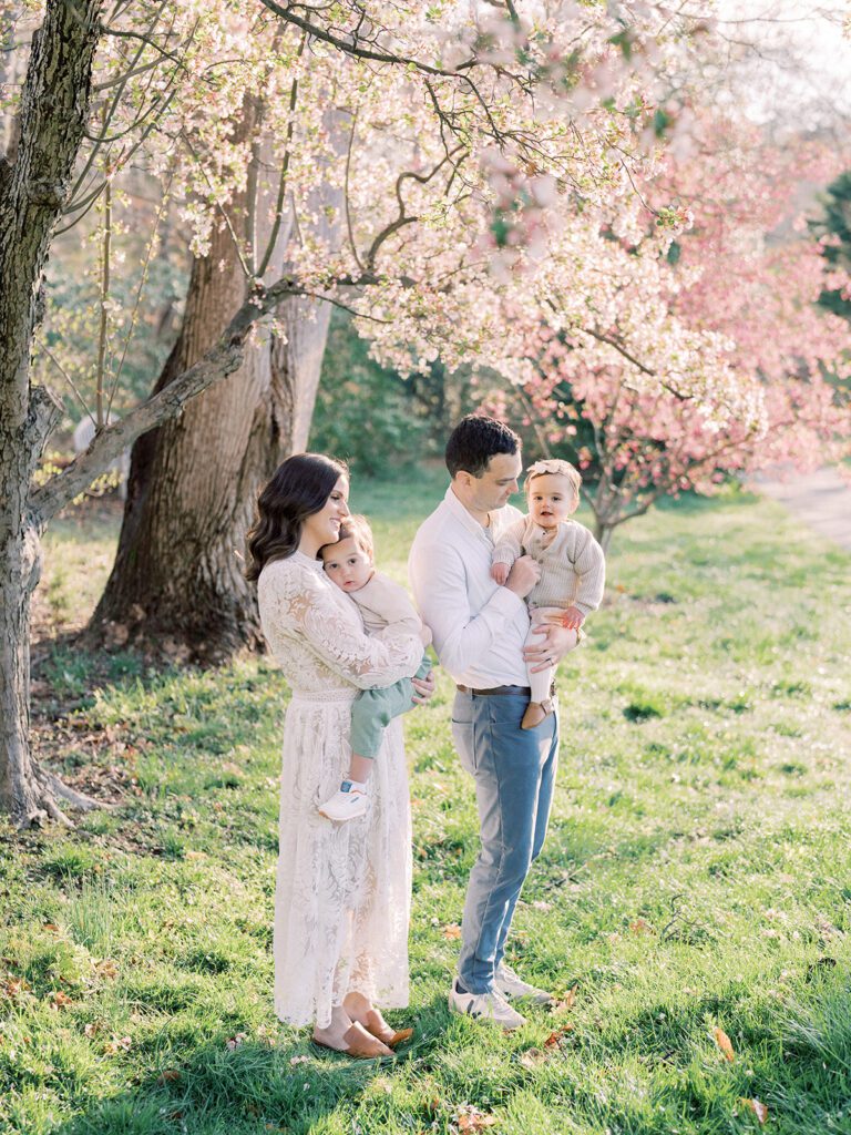 Mother And Father Hold Their Young Children In Front Of Cherry Blossom Trees At Brookside Gardens In Silver Spring, Maryland.