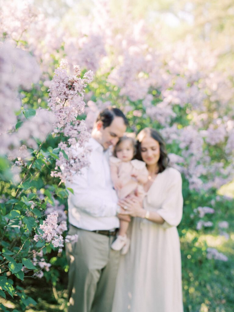 Father and mother hold their toddler daughter in a lilac field, photographed by Bethesda Photographer Marie Elizabeth Photography.