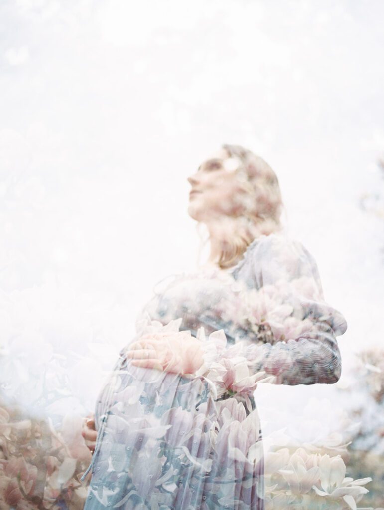 A Double Exposure Of A Magnolia Tree And A Pregnant Mother.