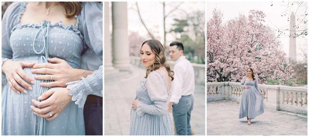 Maryland Doulas | Collage of three images from a maternity session with magnolia flowers at the DAR.