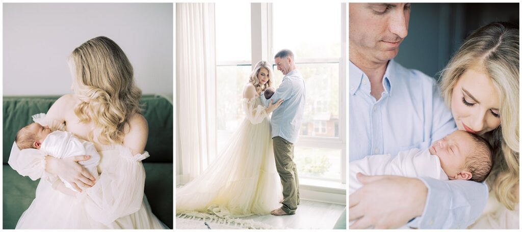 Maryland Doulas | Collage of three images from a newborn session with a mom with a long gown.