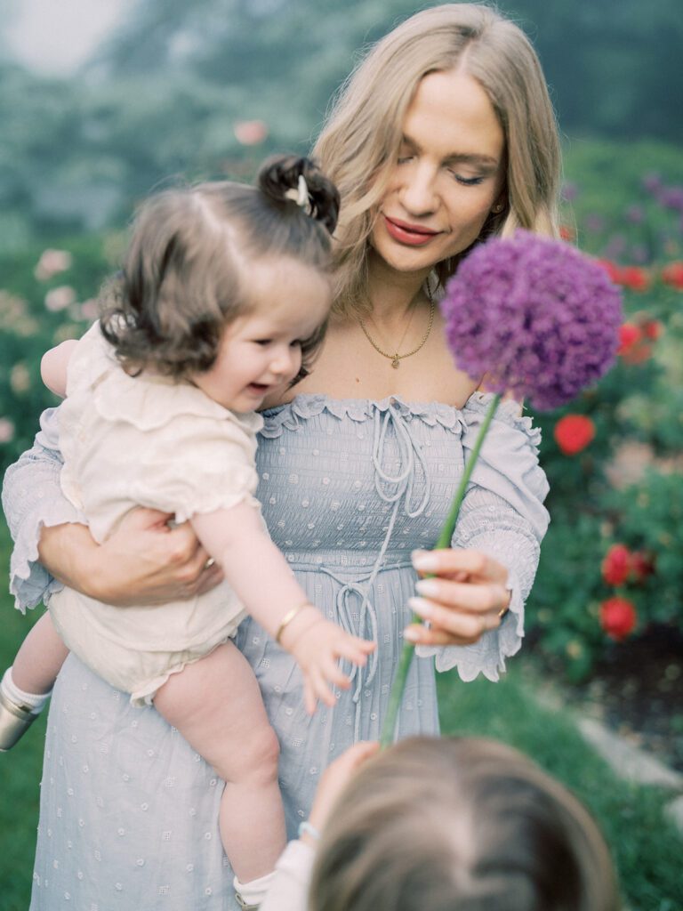 Little Boy Hands A Large Purple Flower To His Baby Sister Held By Her Mother.