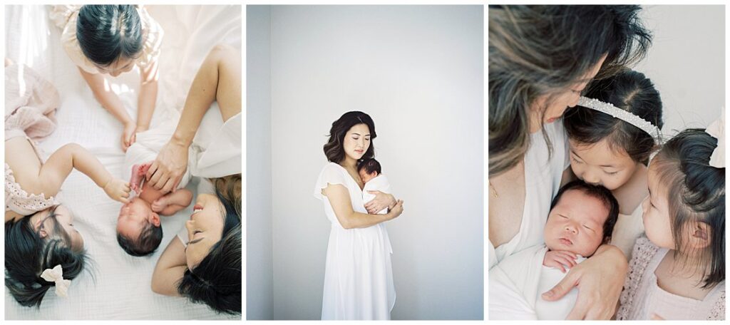 Collage Of Three Images From A Falls Church Newborn Photography Session With Two Big Sisters.