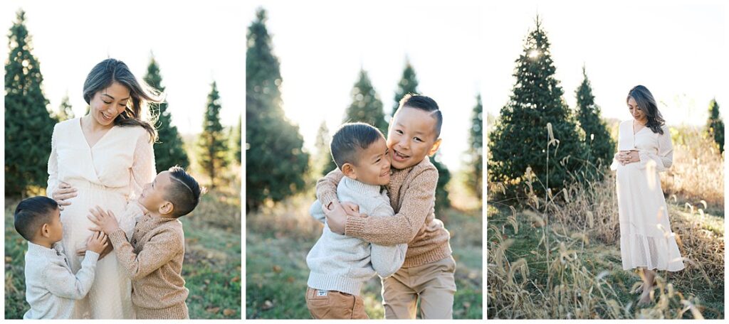 Set Of Three Images Of A Mother With Her Two Sons  At A Christmas Tree Farm.