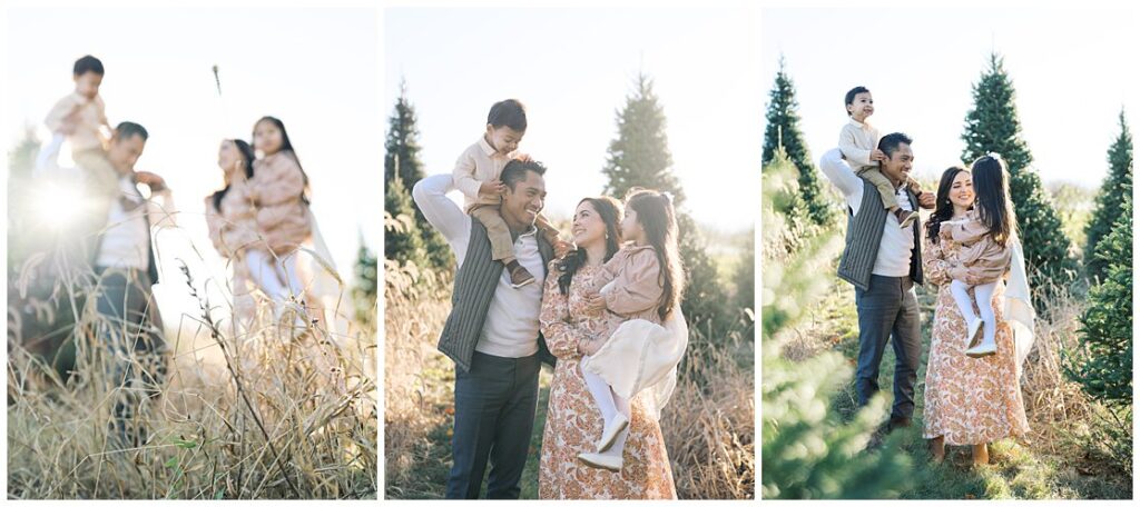 Collection Of Three Images Of A Family At A Christmas Tree Farm.