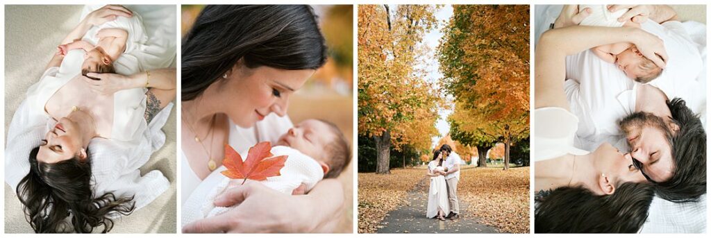 Collage Of Four Images From A Fall Rockville Newborn Photography Session.