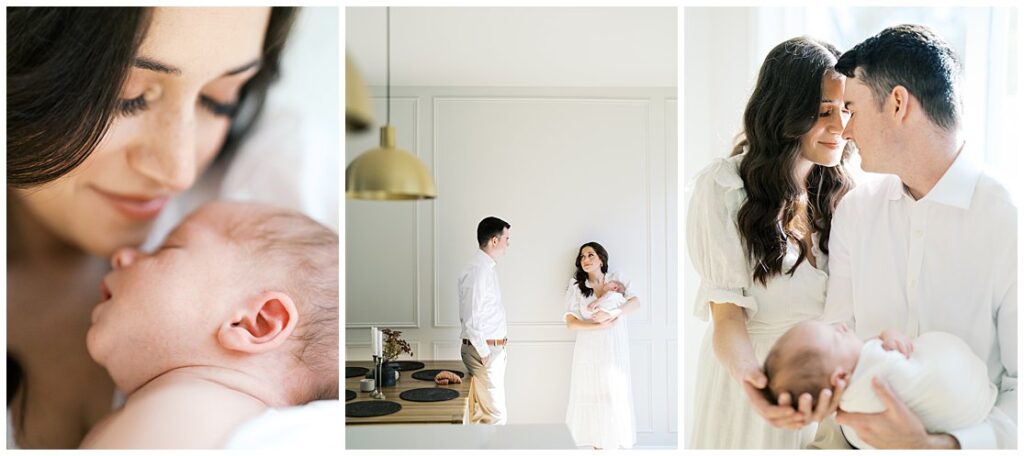 A Collage Of Three Images From A Cozy Severna Park Newborn Photos Session At Home.