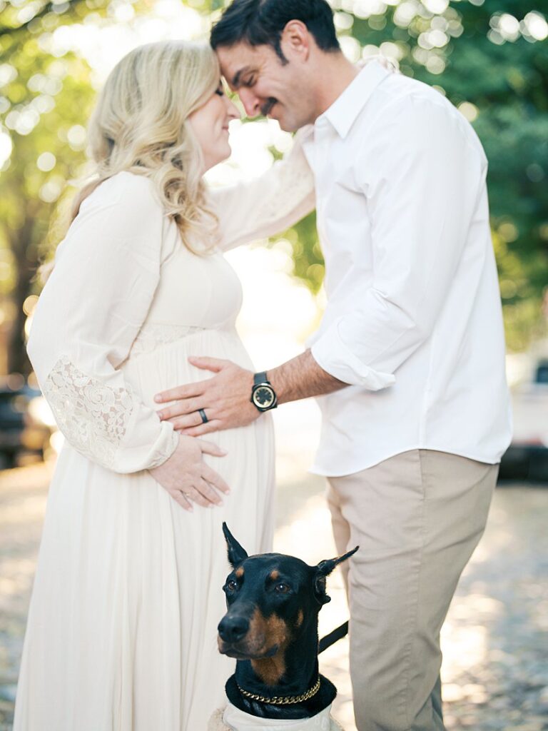 An Expecting Couple Stand Facing One Another With A Hand On The Mother's Belly As Their Dog Sits In Front Of Them.