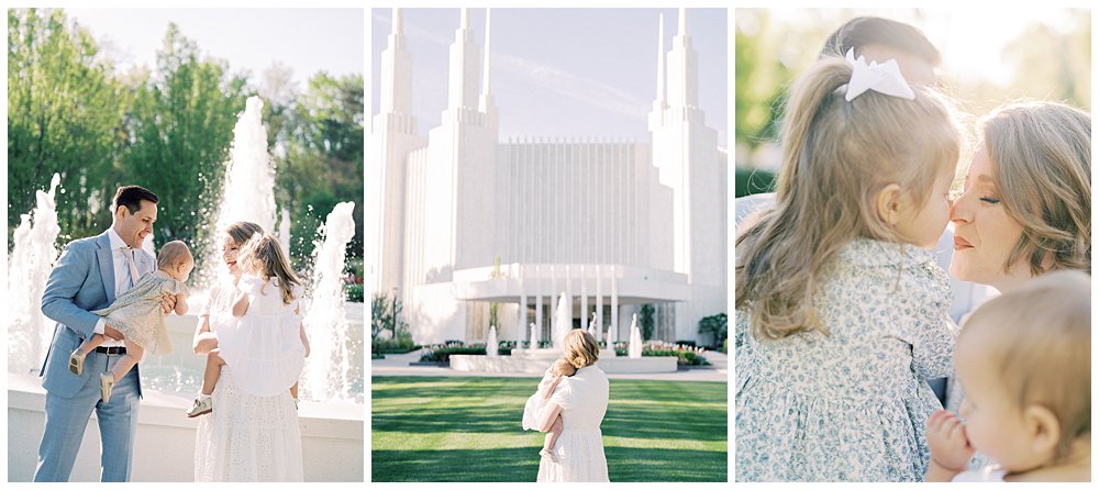 A Collage Of Three Images Of A Family Of Four During Their Mormon Temple Washington Dc Family Photos.