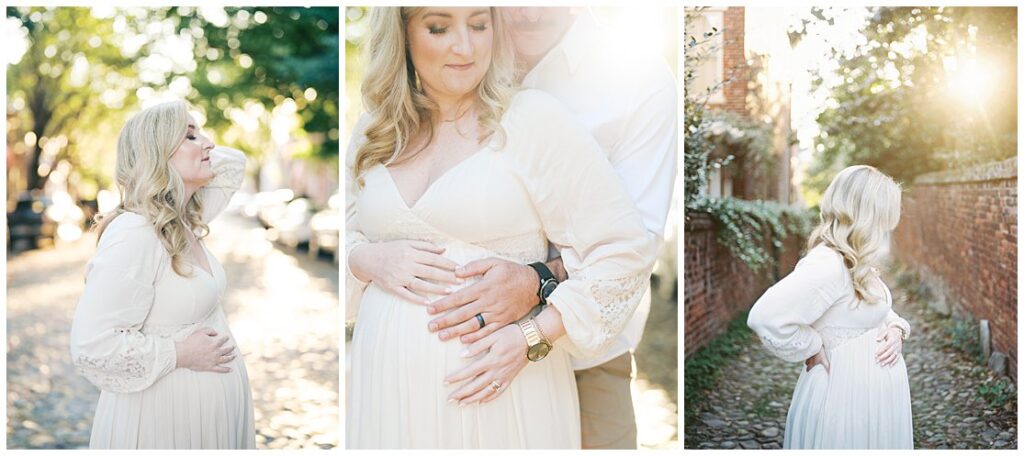 A Set Of Three Images Of A Pregnant Blonde Mother In An Ivory Dress During Her Maternity Photography In Alexandria Va.