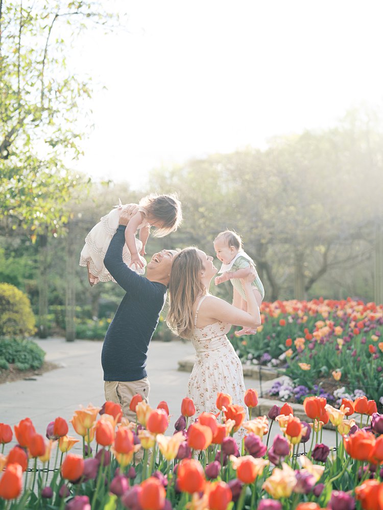 Mother And Father Stand Back To Back In Tulips, Holding Their Kids Up In The Air.