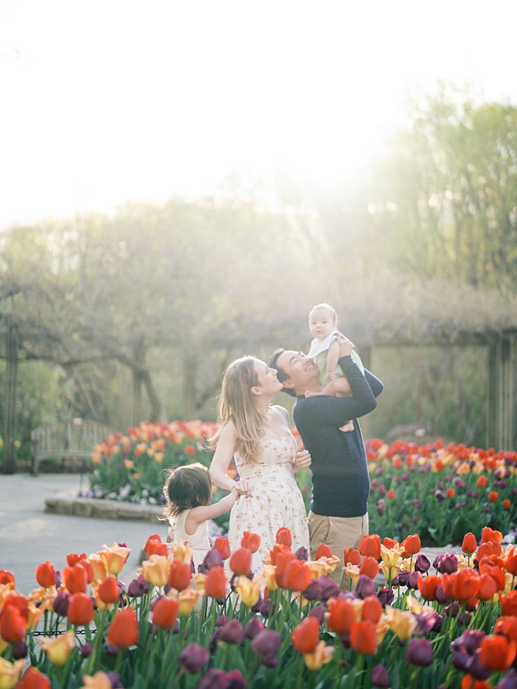 A Father Holds Up A Baby As His Wife And Toddler Daughter Look On During Their Dc Tulips Photo Session At Brookside Gardens.