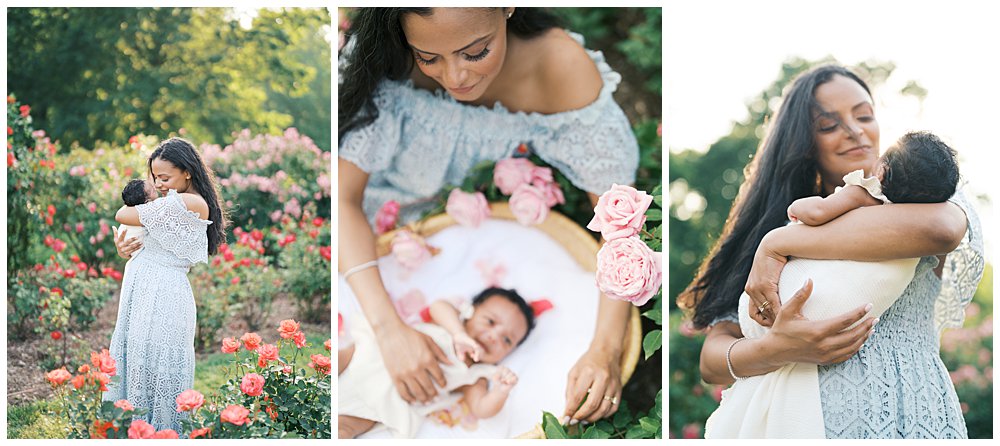 Three Images Of A Mother In Lace Blue Dress With Her Newborn Baby In Bon Air Rose Garden In Arlington, Virginia.