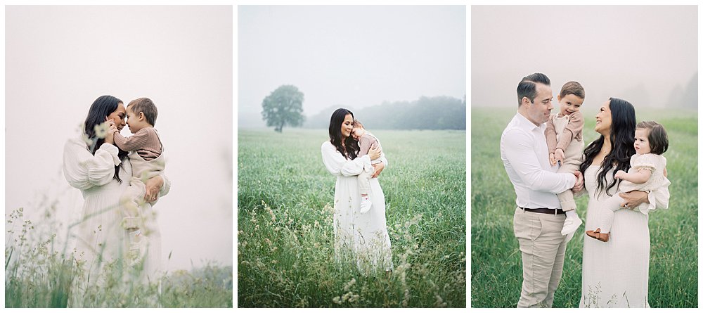 Collage Of Three Images From A Family Photo Session During A Foggy Morning At Manassas Battlefield.