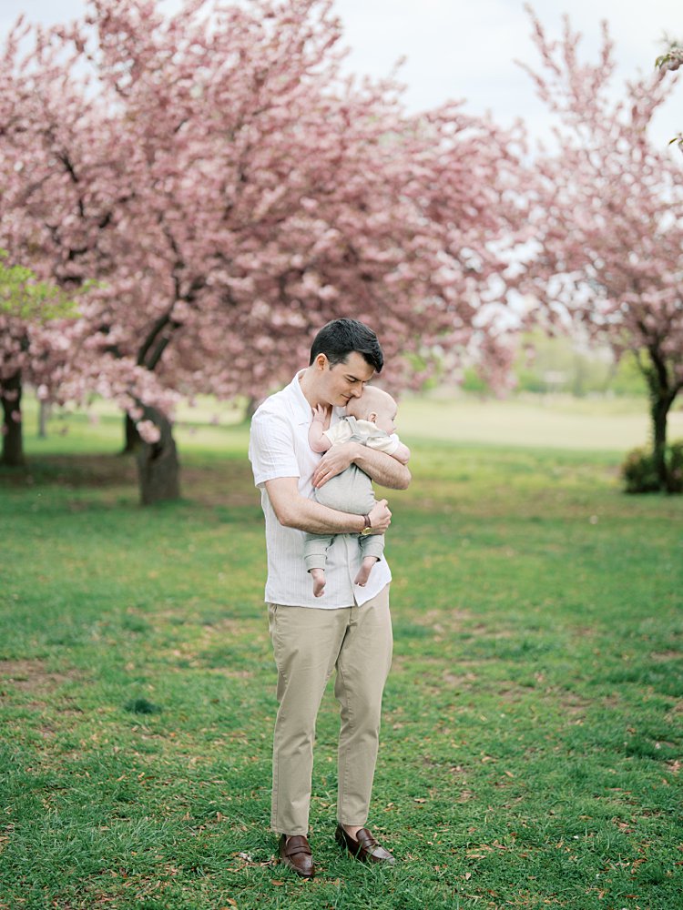Father Holds His Infant Son Close While Standing Among Kwanzan Cherry Trees.