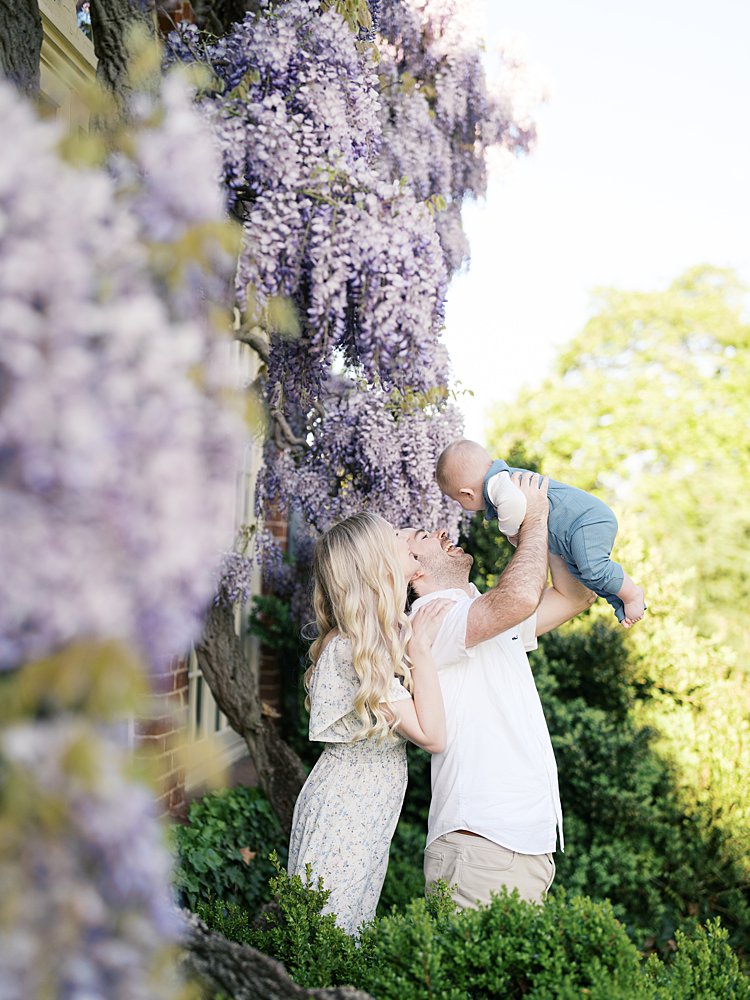 Blonde Mother And Father Hold Up Their Baby Boy Amongst Purple Wisteria In Dc.