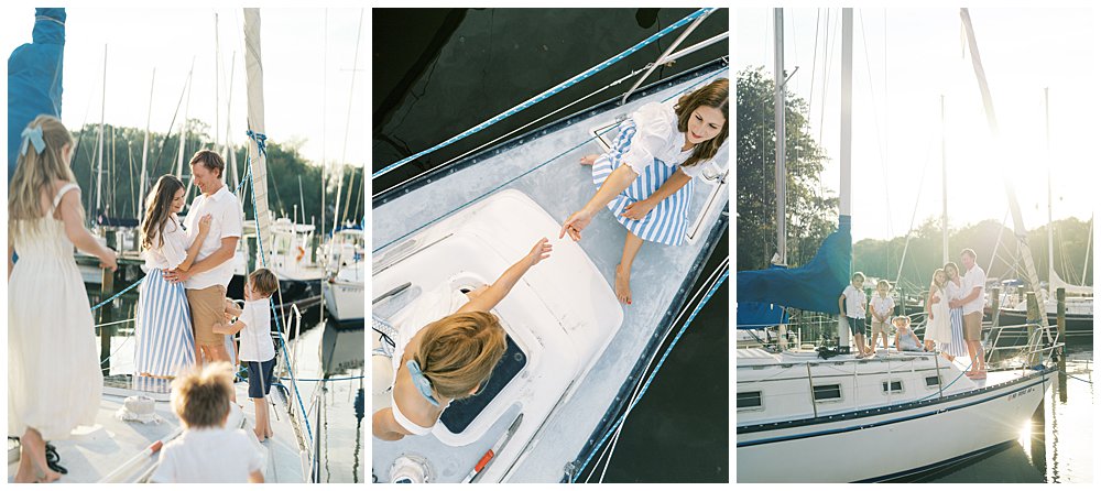 A collage of three images from a sailboat family session, photographed by Annapolis Family Photographer, Marie Elizabeth Photography.