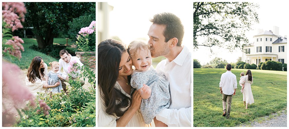 Oatlands VA family photos of a collage of three images with a mother, father, and their toddler daughter.