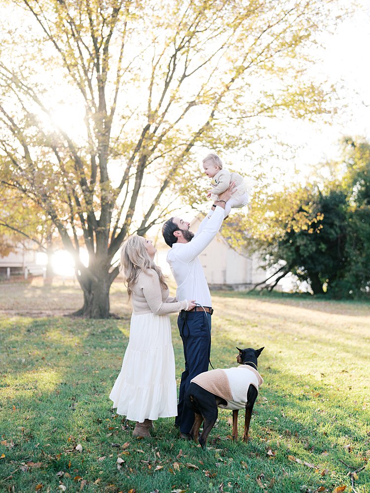 A Father Holds His Baby Daughter Up In The Air While His Wife And Dog Stand With Them During Their Jones Point Park Family Photos.