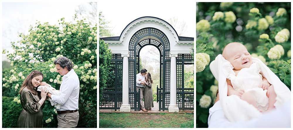 How To Choose The Best Location For Your Newborn Session: Collage Of Three Images From An Outdoor Newborn Session At Oatlands Historic House. 