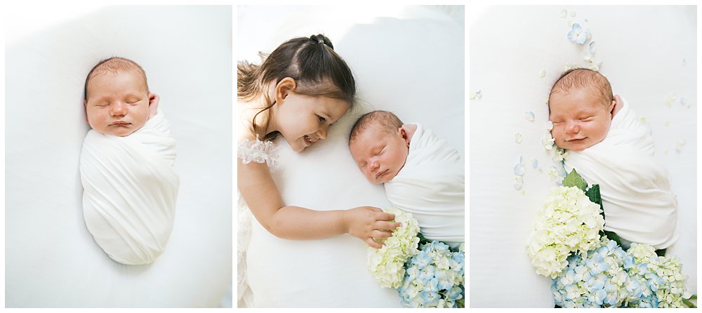 How To Choose The Best Location For Your Newborn Session: Collage Of Three Images From A Studio Newborn Session With A Toddler Big Sister. 