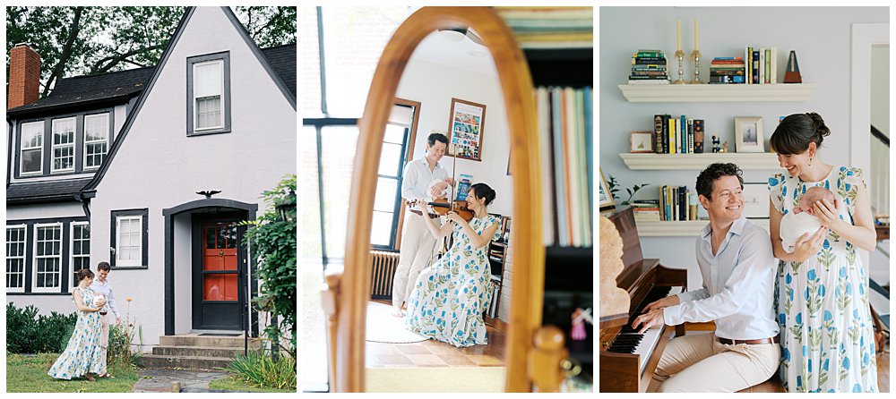 How To Choose The Best Location For Your Newborn Session: Collage Of Three Images From An In-Home Newborn Session With Two Musicians. 
