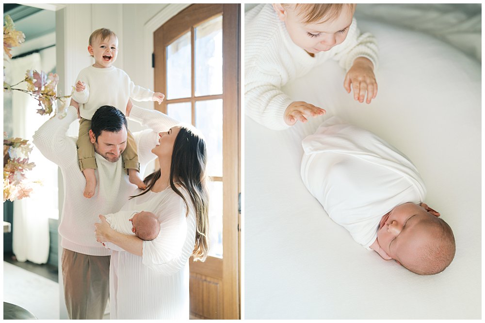 Collage Of Two Images From An In-Home Newborn Session With A Toddler Big Brother.