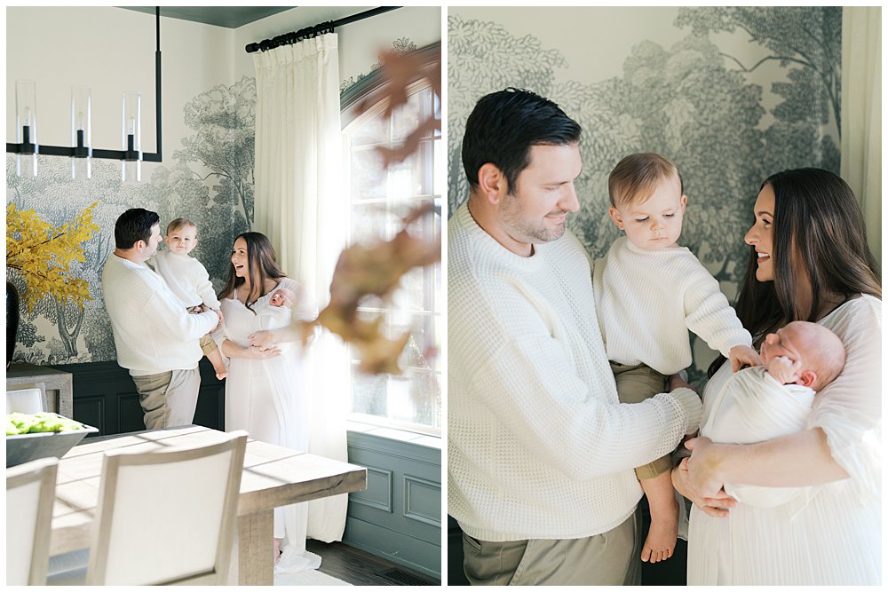 Two Images From An In-Home Newborn Session With A Toddler Big Brother.