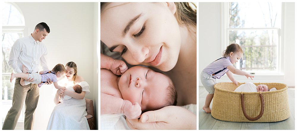 Collage Of Three Images From A Studio Newborn Session With A Toddler Big Brother.
