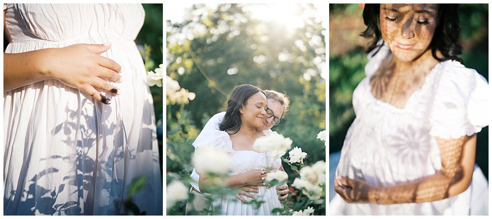 Three Maternity Session Images In A Rose Garden For A Blog Post On When To Book Your Maternity Session.