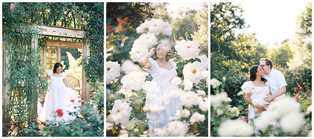Three Maternity Photos Of A Black Mother And White Father In A Rose Garden For A Blog Post On When To Book Your Maternity Session.