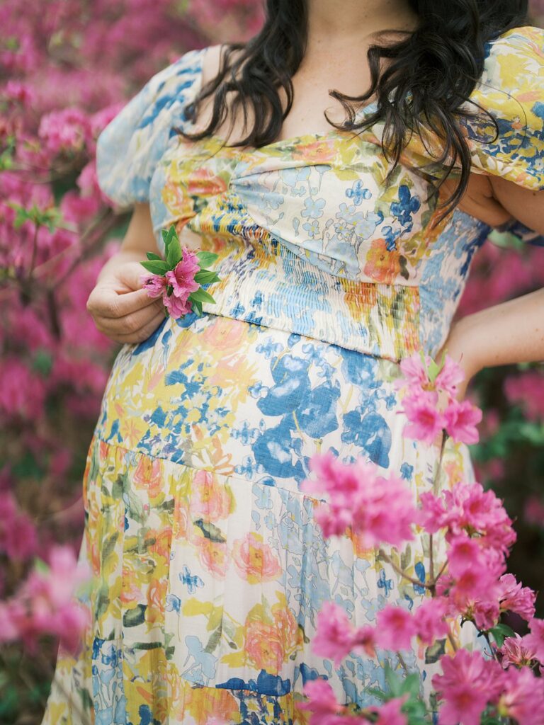 A Close-Up Detail Of A Pregnant Mama In A Floral Dress Gently Holding A Single Pink Azalea Bloom Against Her Bump, Surrounded By Lush Azalea Bushes At Brighton Dam Azalea Garden
