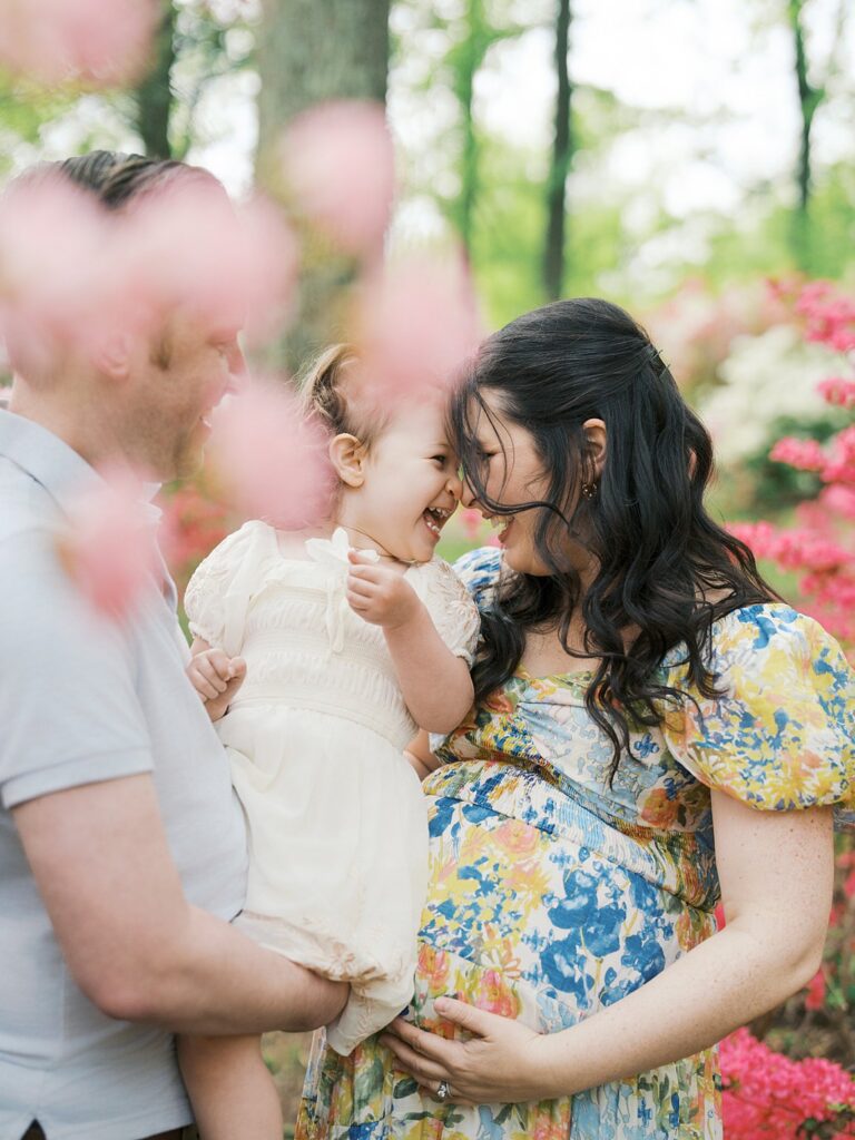 A Sweet And Candid Moment As A Toddler Girl In A White Dress Touches Noses With Her Pregnant Mama, Both Giggling While Dad Holds Her Among Soft Pink Azaleas At Brighton Dam Azalea Garden.