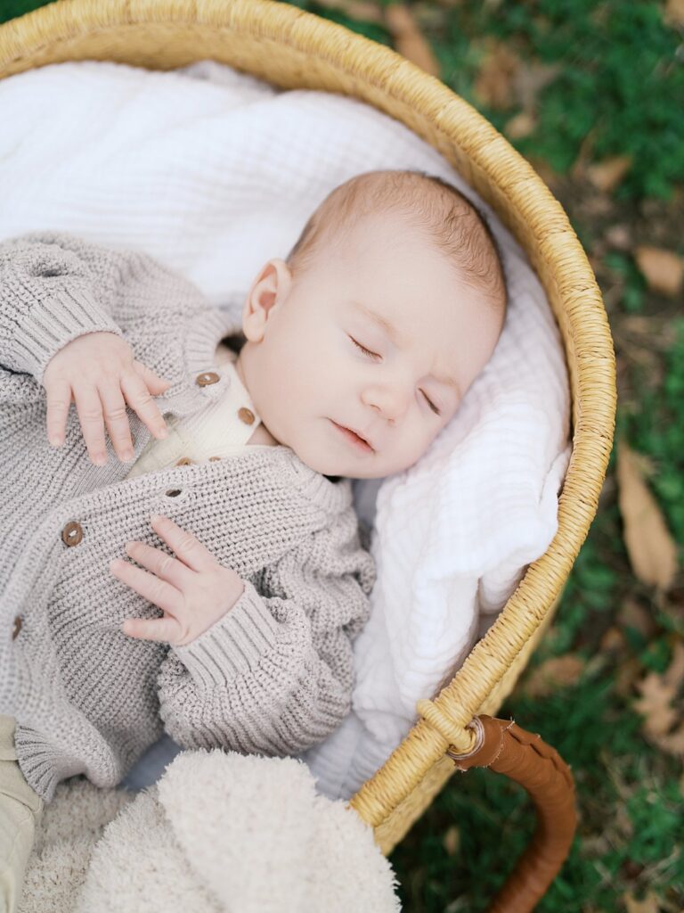 A Close-Up Of A Sleeping Newborn Baby Dressed In A Gray Knit Sweater, Nestled In A Woven Moses Basket Lined With A White Fur Blanket During An Outdoor Newborn Session.
