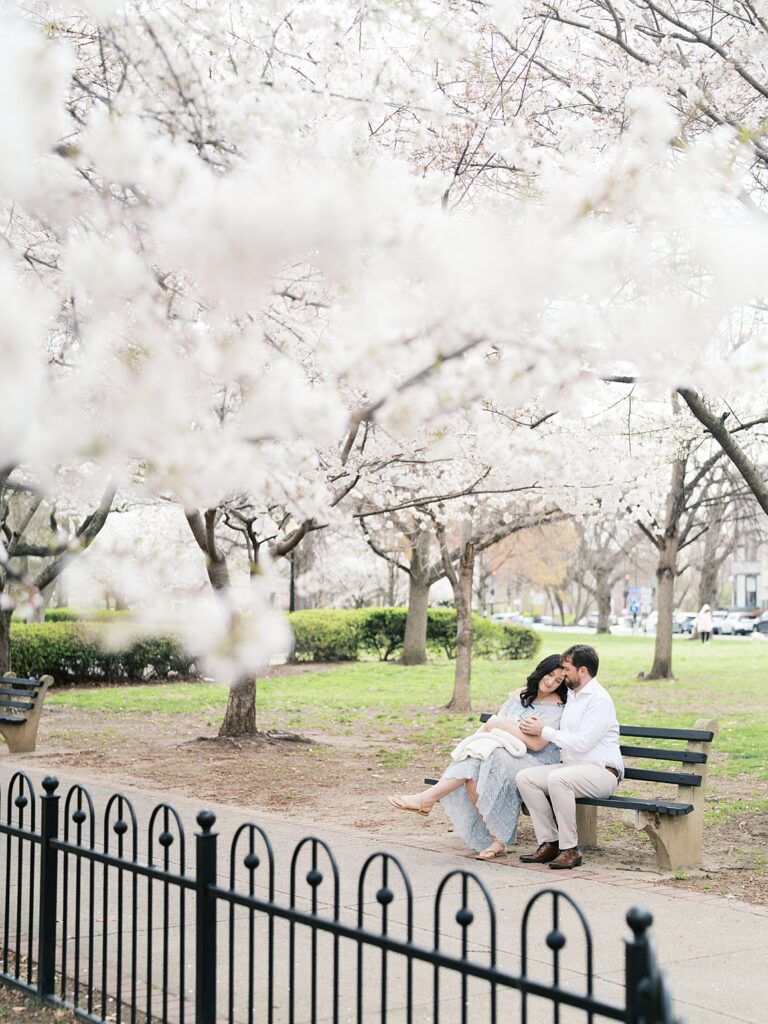 A New Mother And Father Sit Close Together On A Park Bench Beneath A Dreamy Canopy Of Blooming Cherry Blossom Trees At Stanton Park, Gazing Down At Their Newborn During Their Outdoor Newborn Photos