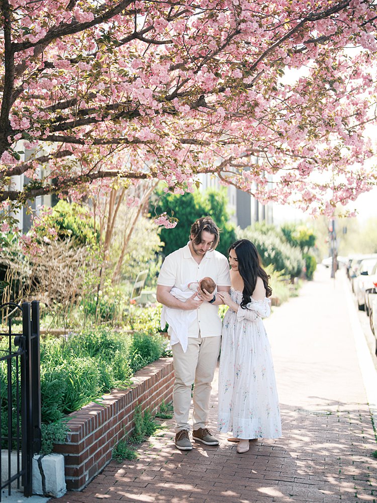 A Couple Stands On A Charming Brick Sidewalk Beneath Blooming Pink Cherry Blossom Trees, Looking Down At Their Newborn Together — A Dreamy Outdoor Portrait That Shows Exactly What Happens After Your Session And Why These Images Are Worth Every Moment.