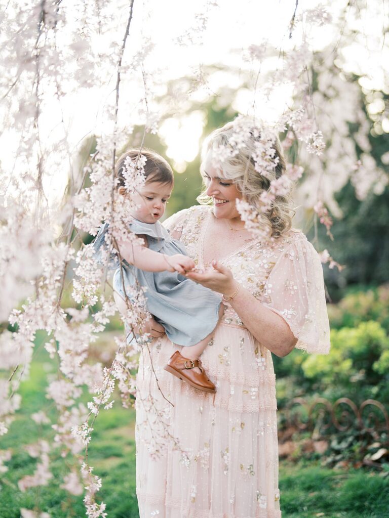 A Mother Holds Her Baby Under Cascading Cherry Blossoms, Glowing In Warm Evening Light, Capturing The Kind Of Tender Connection That Makes People Ask When Is The Best Time To Get Family Photos In The Dmv.