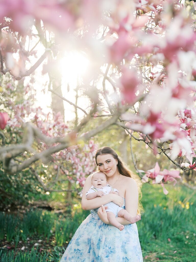A Mother Holds Her Baby Under Glowing Pink Magnolia Blossoms With Sunlight Streaming Through The Branches, Capturing A Dreamy Spring Moment.