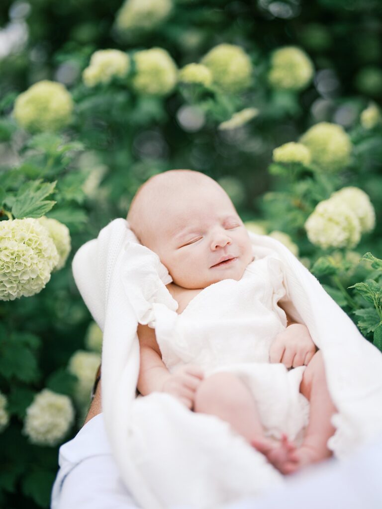 A Close-Up Of A Peaceful Sleeping Newborn Wrapped In A White Swaddle Held In Their Parent's Arms Outdoors Among White Hydrangea Blooms — A Perfect Example Of Why How Old Your Baby Is For Newborn Photos Matters, As This Sleepy Stage Is Ideal For Capturing These Serene Portraits.