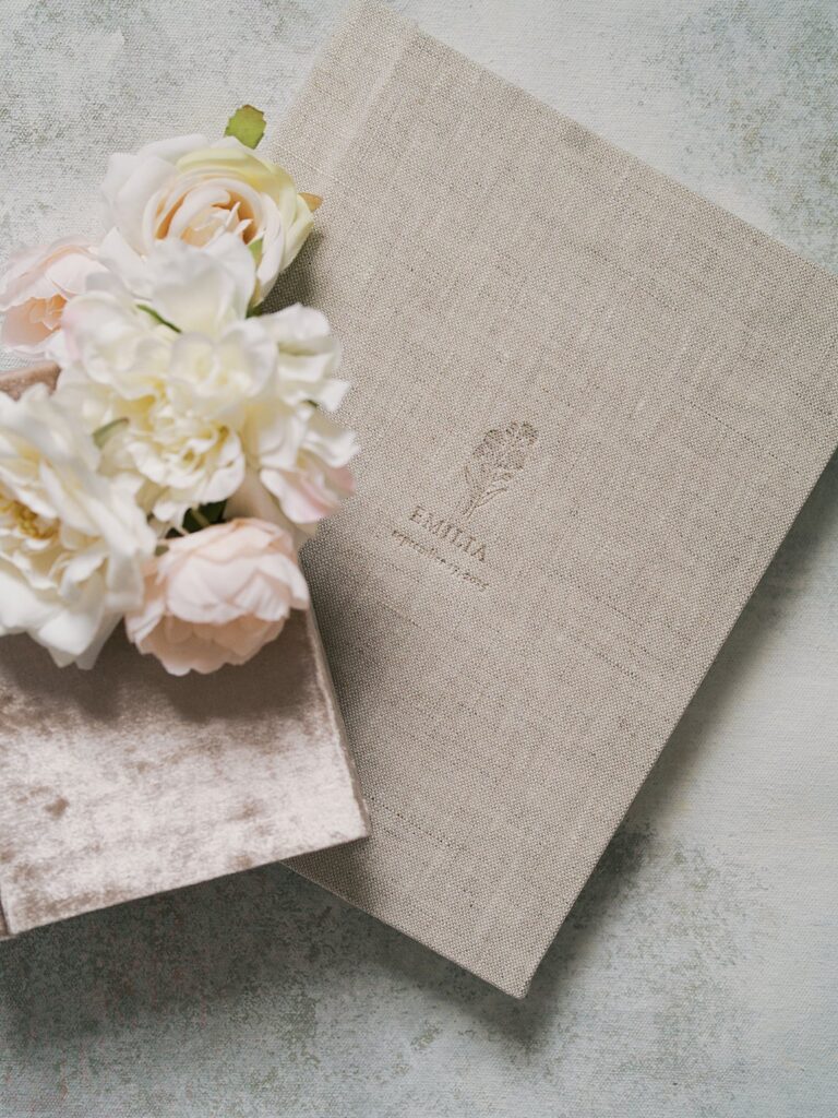 Elegant Custom Linen Photo Album With Romantic Floral Styling And Timeless Neutral Tones, Highlighting The Beauty Of Archival Family Photography Artwork.