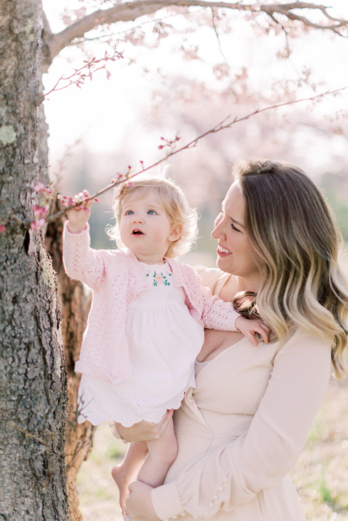 A mother holds her daughter up to cherry blossom buds during a photo session.