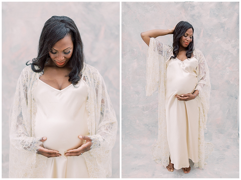 Expecting mother caressing baby bump in DC maternity session