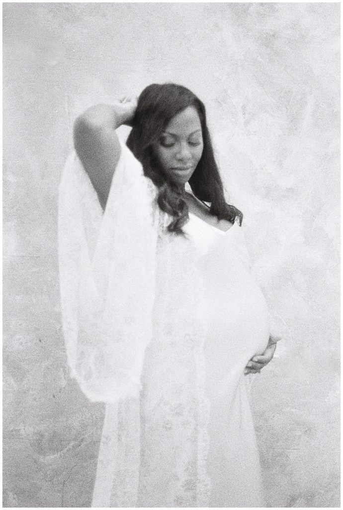 Expecting mother in black and white film