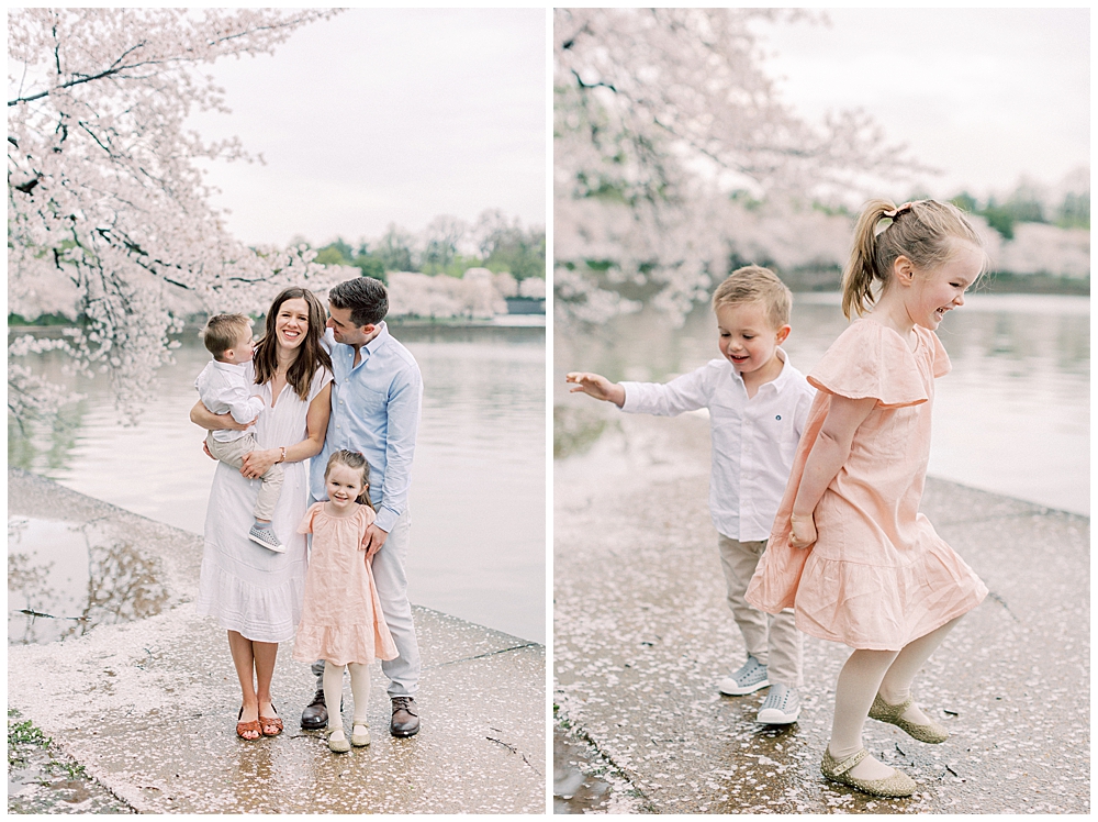A mother and father with their young son and daughter visiting the DC cherry blossoms