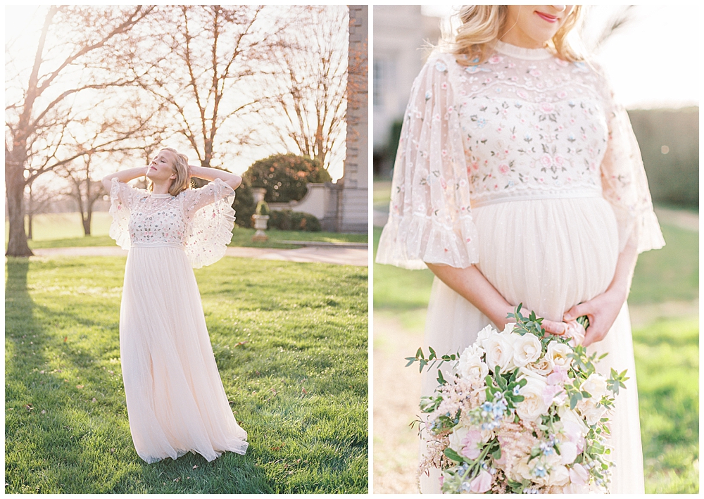 Golden light and bouquet maternity session