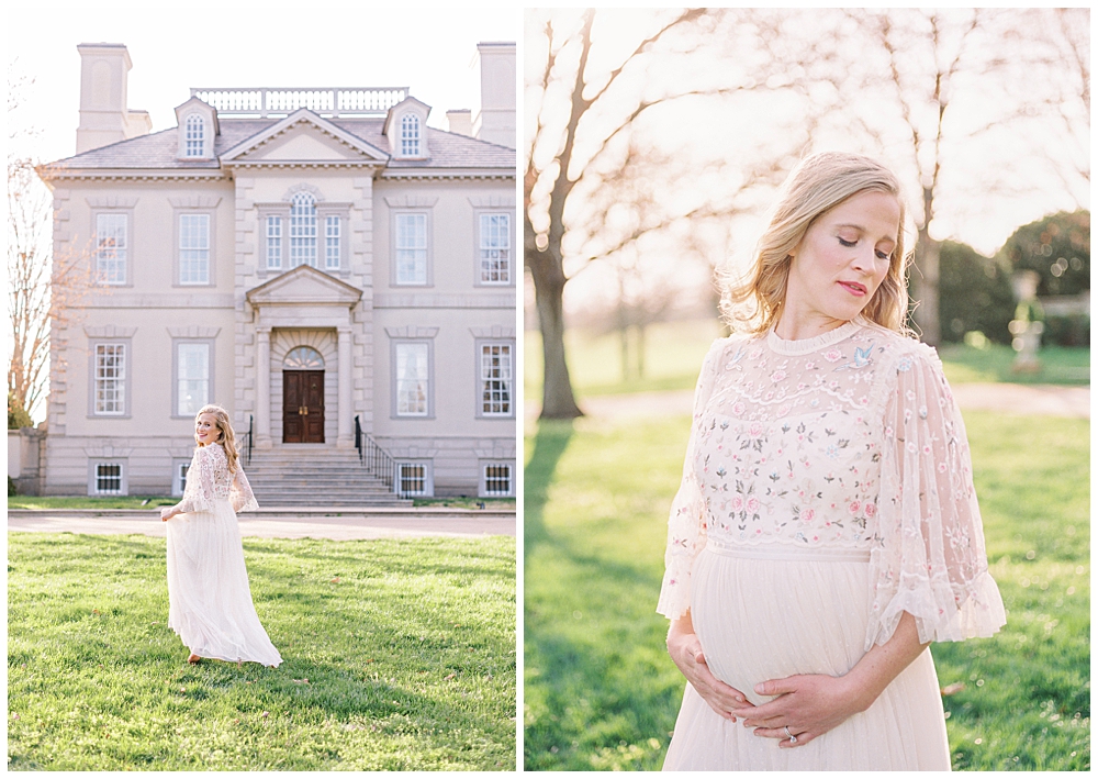 Golden hour maternity session outside of Washington, D.C. at The Great Marsh Estate