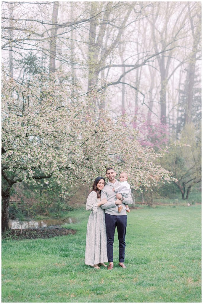 Mother, father, and baby stand next to a cherry blossom in Brookside Gardens during a photo shoot by Maryland Family Photographer
