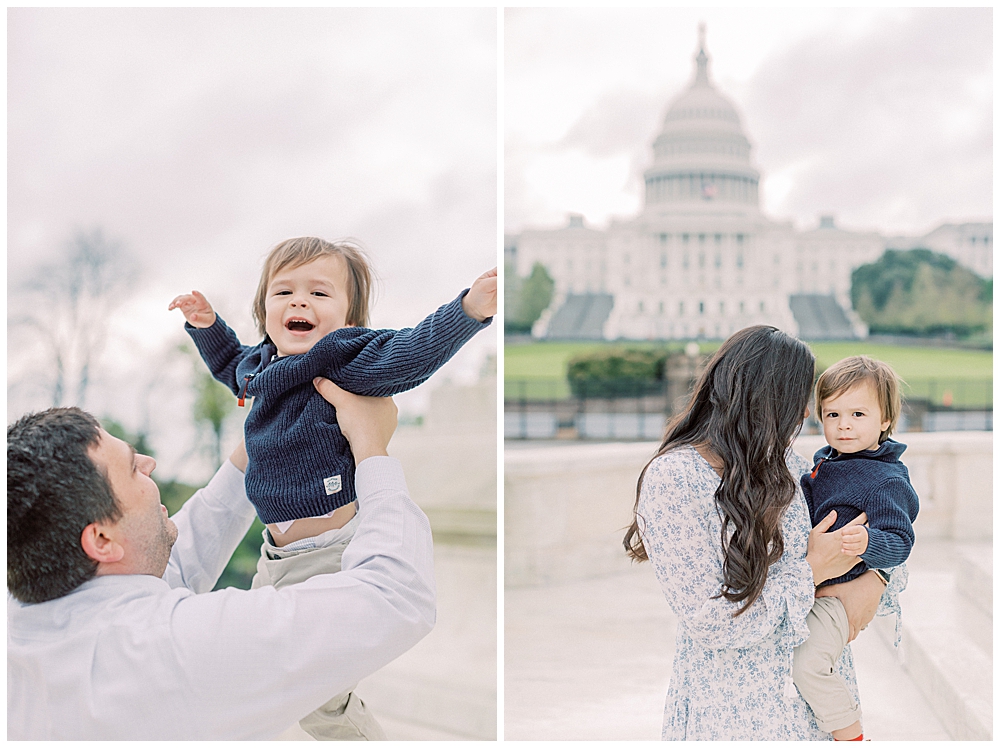 Parents hold their son during their DC family photo session at the U.S. Capitol Building
